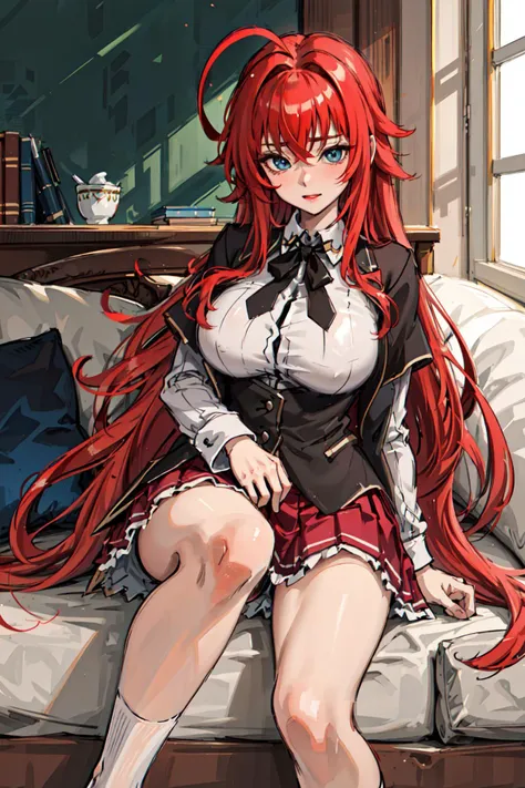 masterpiece, best quality, highres, best quality, highres, rias gremory, 1girl, long hair, school uniform, red hair, ahoge, blue eyes, large breasts, very long hair, breasts, skirt, huge ahoge, socks, <lora:rias_gremory_v2:0.6>