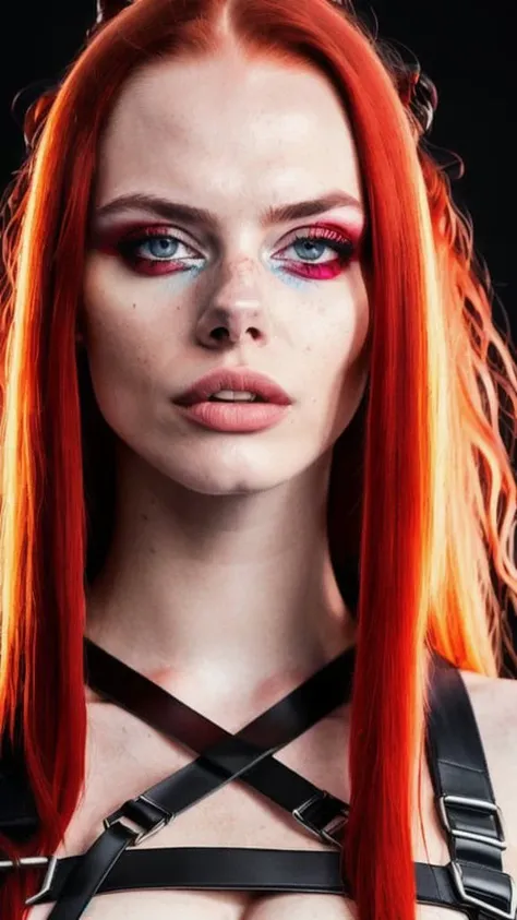 professional photo of one horny girl, long red hair, harness, looks like real, HQ, 4K, focused, insane detailed face, symmetric eyes, photorealistic, raytracing
