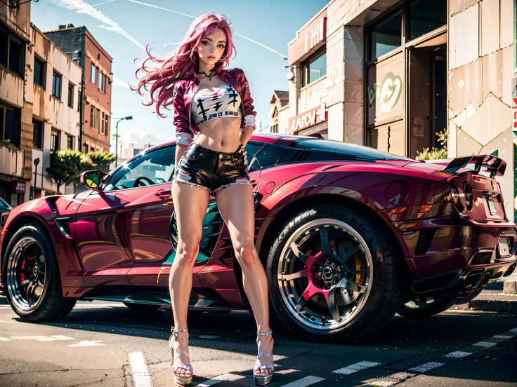 supercargirl,1girl,car,<lora:supercargirl2:1>,(pink hair:0.8),green eyes,