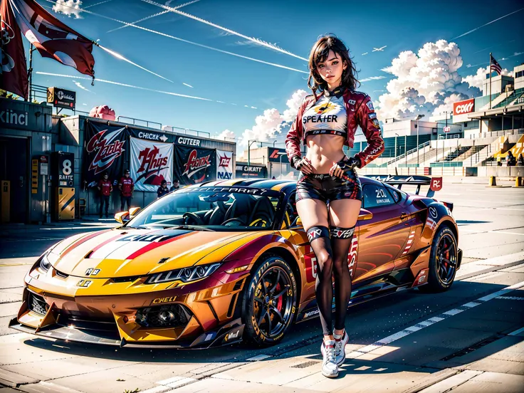 supercargirl,<lora:supercargirl2:1>,pit lane,outdoors,girl,checkered flags,