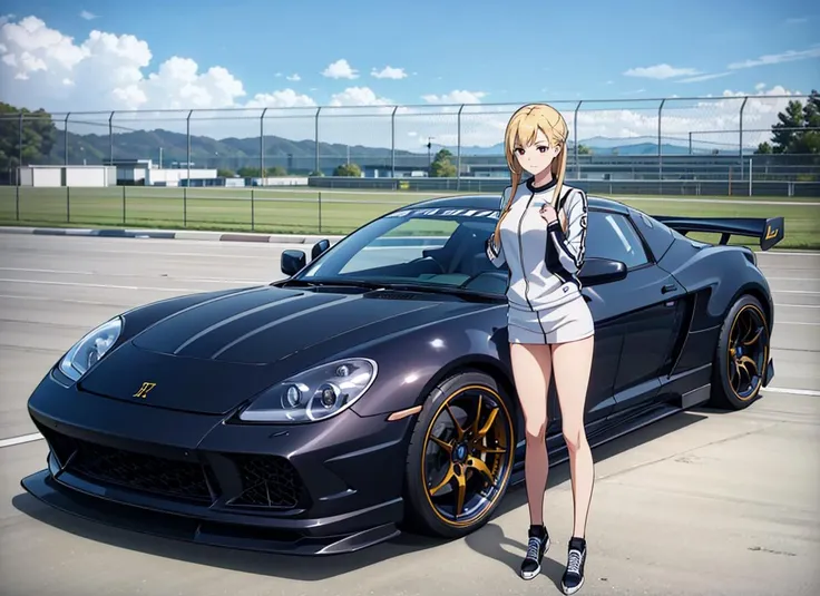 1 girl standing, sport car, <lora:supercargirl:1>, supercargirl, standing