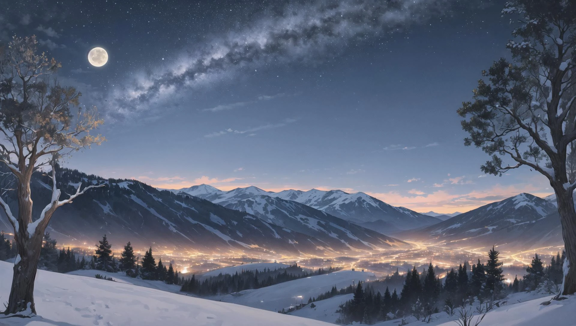 ((masterpiece:1.4,best quality)), cloud, outdoors, forest
snowy mountains, glade
, scenery, sky,
(night:1.4), nightsky, moon, moonlight, high detail, abundant, 8k, green,tree, high detail, wallpaper