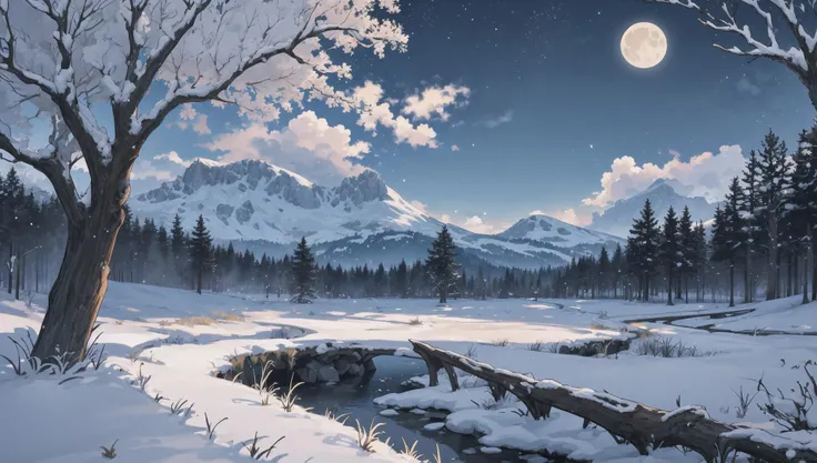 ((masterpiece:1.4,best quality)),  cloud,   outdoors,  forest
snowy mountains,  glade
, scenery,  sky, 
(night:1.4),  nightsky,  moon,  moonlight,  high detail, abundant, 8k, green,tree, high detail,   wallpaper