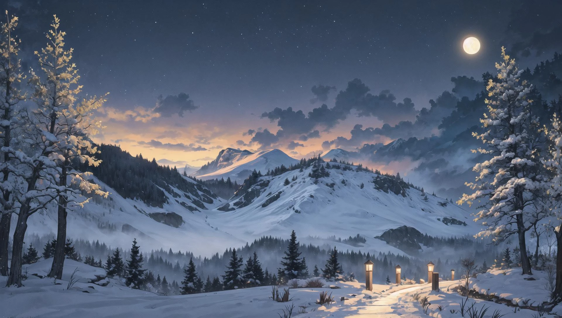 ((masterpiece:1.4,best quality)), cloud, outdoors, forest
snowy mountains, glade
, scenery, sky,
(night:1.4), nightsky, moon, moonlight, high detail, abundant, 8k, green,tree, high detail, wallpaper