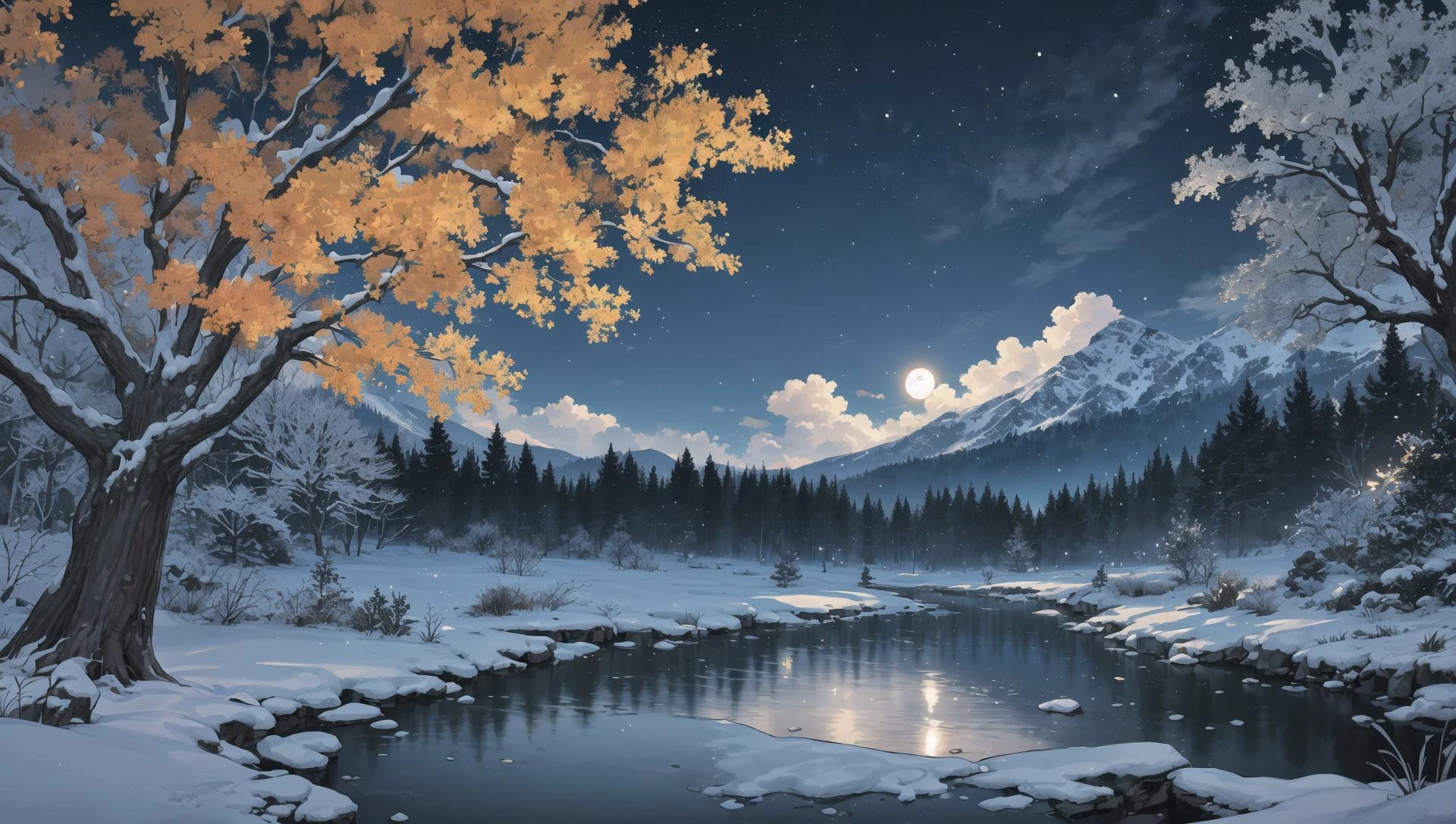 ((masterpiece:1.4,best quality)), cloud, outdoors, forest
snowy mountains, glade
, scenery, sky,
(night:1.4), nightsky, moon, moonlight, high detail, abundant, 8k, green,tree, high detail, wallpaper