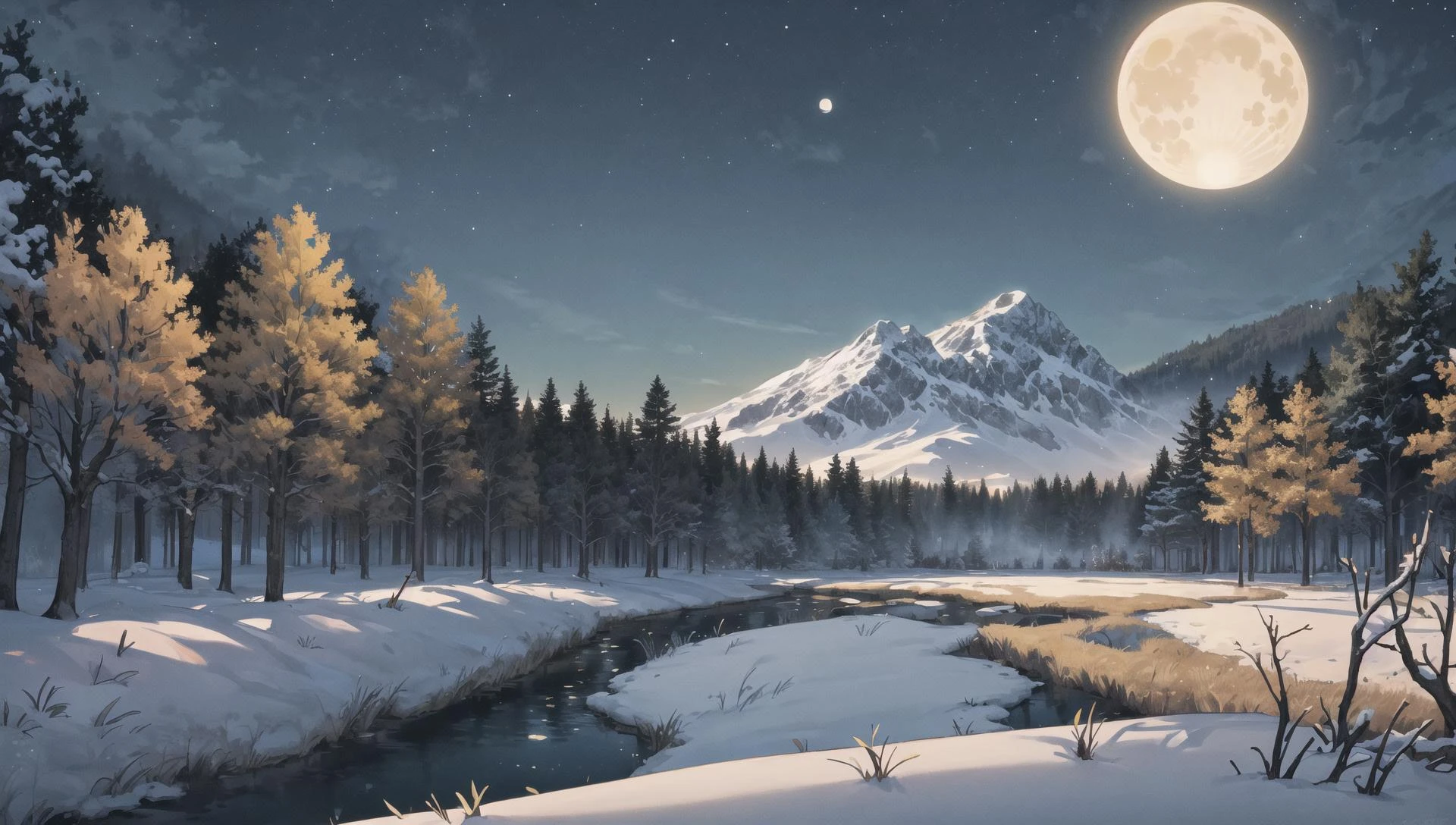 ((masterpiece:1.4,best quality)), cloud, outdoors, forest
snowy mountains, glade
, scenery, sky,
(night:1.4), nightsky, moon, moonlight, high detail, abundant, 8k, green,tree, high detail, wallpaper