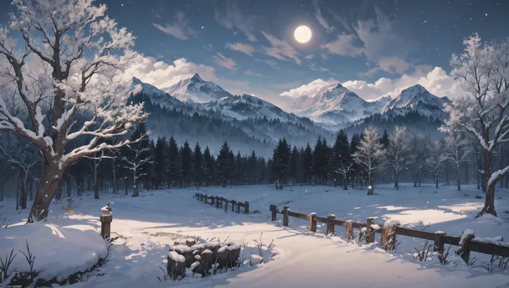 ((masterpiece:1.4,best quality)), cloud, outdoors, forest
snowy mountains, glade
, scenery, sky,
(night:1.4), nightsky, moon, moonlight, high detail, abundant, 8k, green,tree, high detail, wallpaper