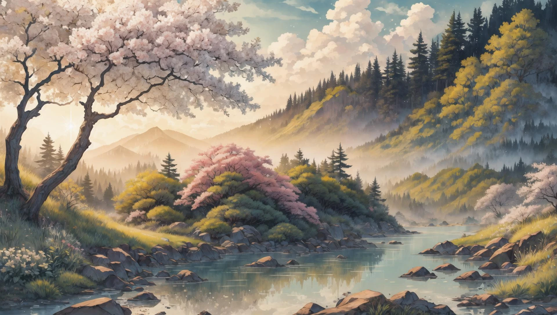 ((masterpiece:1.4,best quality)), cloud, outdoors, forest, spring glade, scenery, sky,
sunbeam, high detail, abundant, 8k, green,tree, high detail, wallpaper,
<lora:ink-0.1-3-b28-bf16-D128-A1-1-ep64-768-DAdaptation-cosine:0.8>, water, ink
