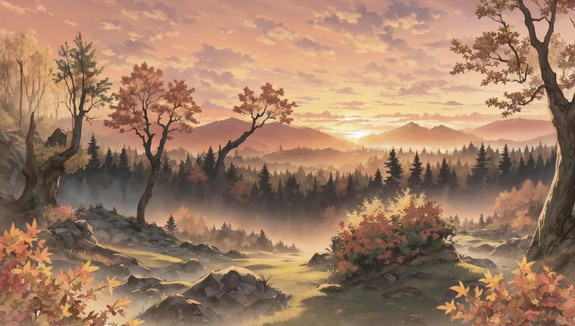 ((masterpiece:1.4,best quality)), cloud, outdoors, forest, (mountains), autumn glade, scenery, sky,
(sunset:1.4), sunbeam, high detail, abundant, 8k, green,tree, high detail, wallpaper,
<lora:PAseer的板绘与留白V1:0.8>