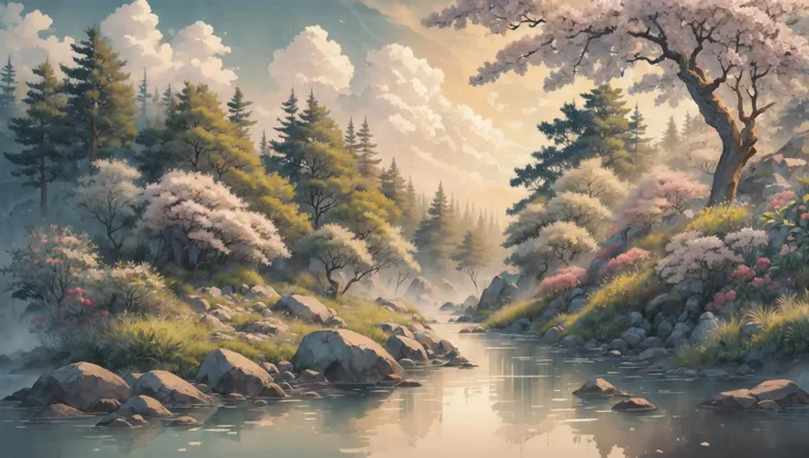 ((masterpiece:1.4,best quality)), cloud, outdoors, forest, spring glade, scenery, sky,
sunbeam, high detail, abundant, 8k, green,tree, high detail, wallpaper,
<lora:ink-0.1-3-b28-bf16-D128-A1-1-ep64-768-DAdaptation-cosine:0.8>, water, ink