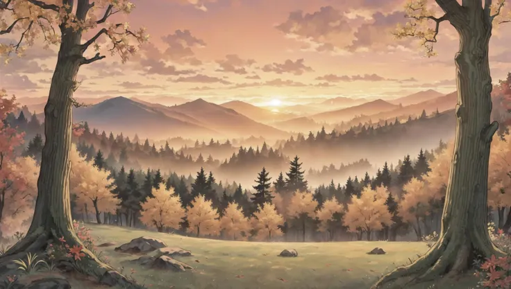 ((masterpiece:1.4,best quality)),  cloud,   outdoors, forest, (mountains), autumn glade, scenery,  sky,
(sunset:1.4), sunbeam, high detail, abundant, 8k, green,tree, high detail,   wallpaper,
 <lora:PAseer的板绘与留白V1:0.8>