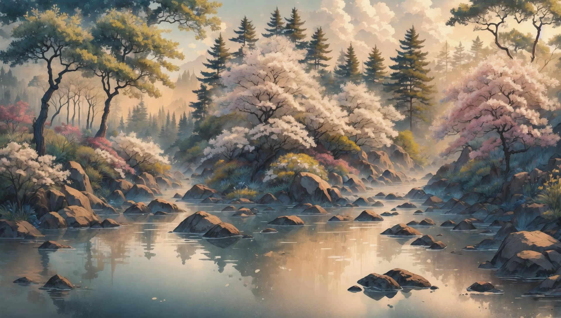 ((masterpiece:1.4,best quality)), cloud, outdoors, forest, spring glade, scenery, sky,
sunbeam, high detail, abundant, 8k, green,tree, high detail, wallpaper,
<lora:ink-0.1-3-b28-bf16-D128-A1-1-ep64-768-DAdaptation-cosine:0.8>, water, ink