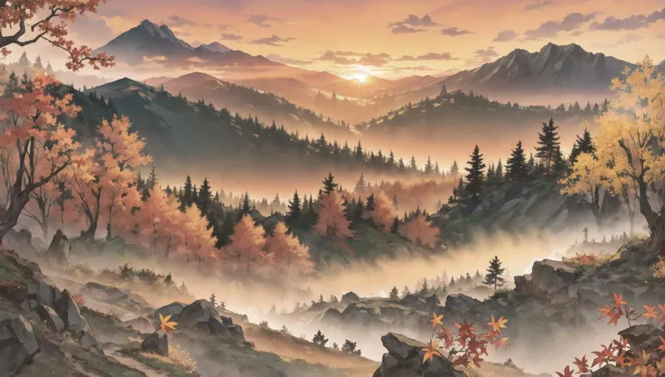 ((masterpiece:1.4,best quality)), cloud, outdoors, forest, (mountains), autumn glade, scenery, sky,
(sunset:1.4), sunbeam, high detail, abundant, 8k, green,tree, high detail, wallpaper,
<lora:PAseer的板绘与留白V1:0.8>