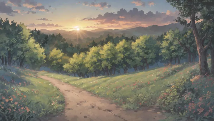 ((masterpiece:1.4,best quality)), cloud, outdoors, forest, spring glade, scenery, sky,
(sunrise:1.4), sunbeam, high detail, abundant, 8k, green,tree, high detail, wallpaper,
<lora:howlbgsv3:0.8>