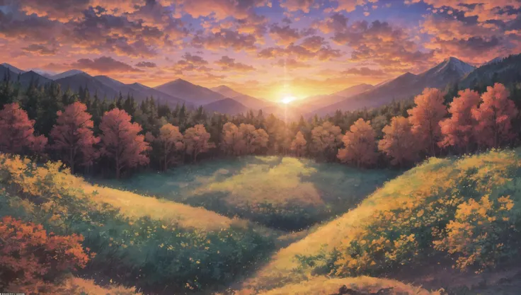 ((masterpiece:1.4,best quality)), cloud, outdoors, forest, (mountains), autumn glade, scenery, sky,
(sunset:1.4), sunbeam, high detail, abundant, 8k, green,tree, high detail, wallpaper,
<lora:forest:1>