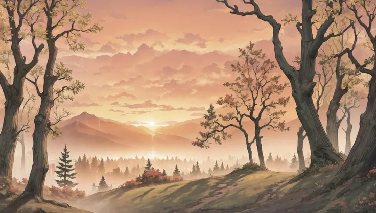 ((masterpiece:1.4,best quality)),  cloud,   outdoors, forest, (mountains), autumn glade, scenery,  sky,
(sunset:1.4), sunbeam, high detail, abundant, 8k, green,tree, high detail,   wallpaper,
 <lora:PAseer的板绘与留白V1:0.8>