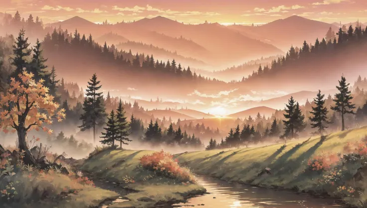 ((masterpiece:1.4,best quality)), cloud, outdoors, forest, (mountains), autumn glade, scenery, sky,
(sunset:1.4), sunbeam, high detail, abundant, 8k, green,tree, high detail, wallpaper,
<lora:PAseer的板绘与留白V1:0.8>