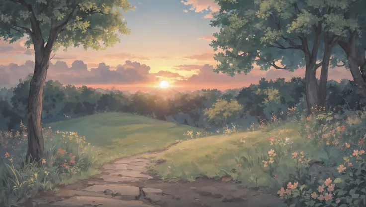 ((masterpiece:1.4,best quality)),  cloud,   outdoors, forest, spring glade, scenery,  sky,
(sunrise:1.4), sunbeam, high detail, abundant, 8k, green,tree, high detail,   wallpaper,
 <lora:howlbgsv3:0.8>