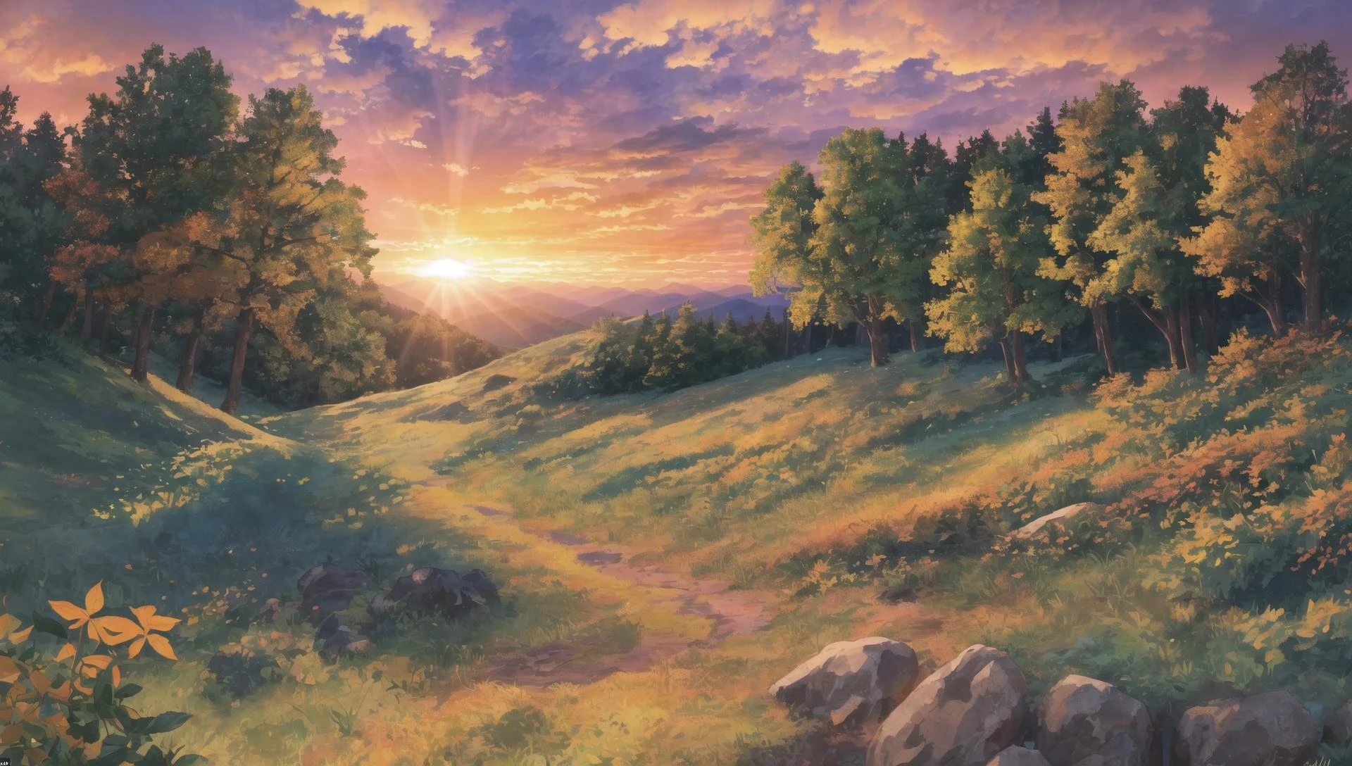 ((masterpiece:1.4,best quality)), cloud, outdoors, forest, (mountains), autumn glade, scenery, sky,
(sunset:1.4), sunbeam, high detail, abundant, 8k, green,tree, high detail, wallpaper,
<lora:forest:1>