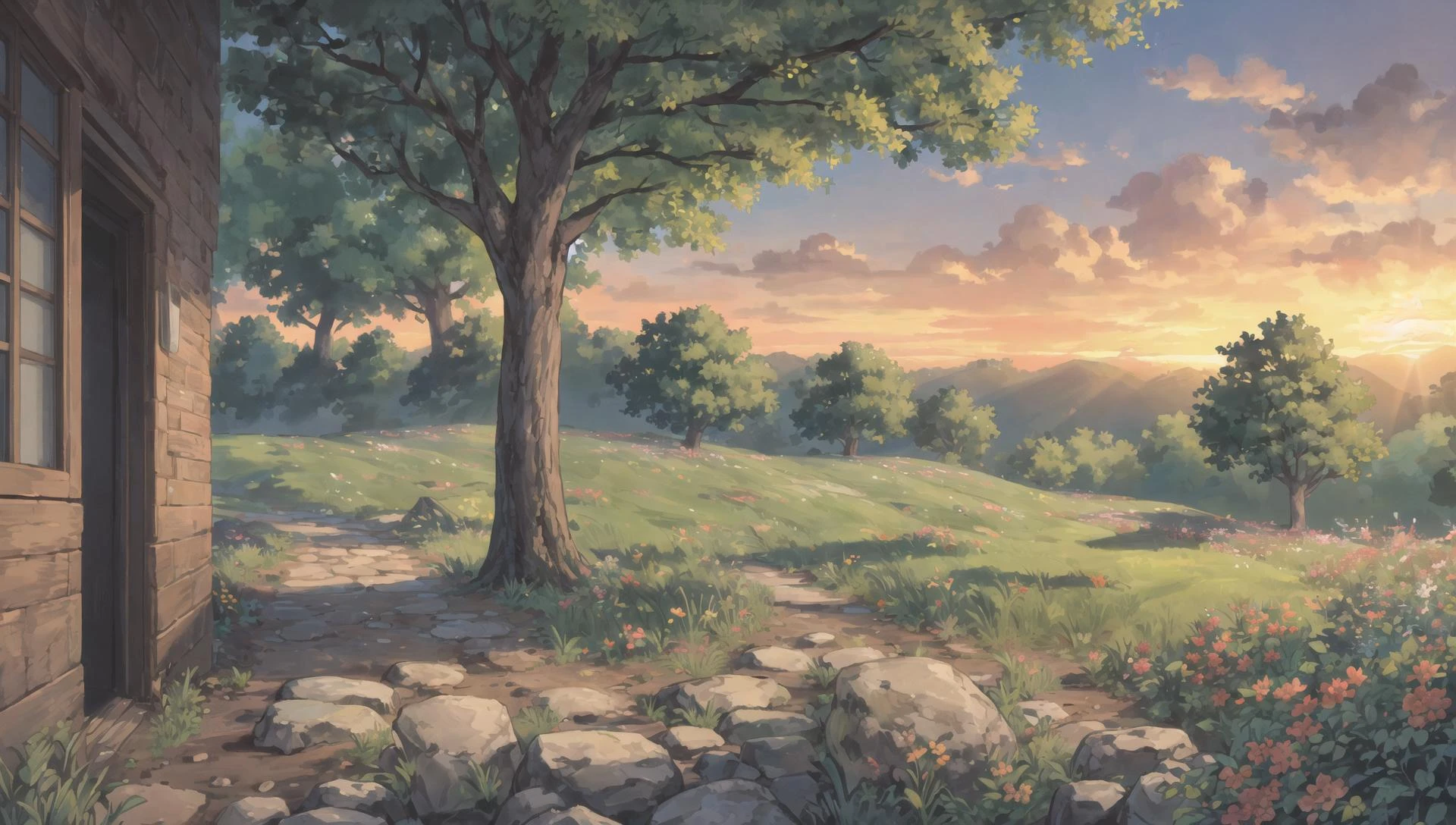 ((masterpiece:1.4,best quality)), cloud, outdoors, forest, spring glade, scenery, sky,
(sunrise:1.4), sunbeam, high detail, abundant, 8k, green,tree, high detail, wallpaper,
<lora:howlbgsv3:0.8>