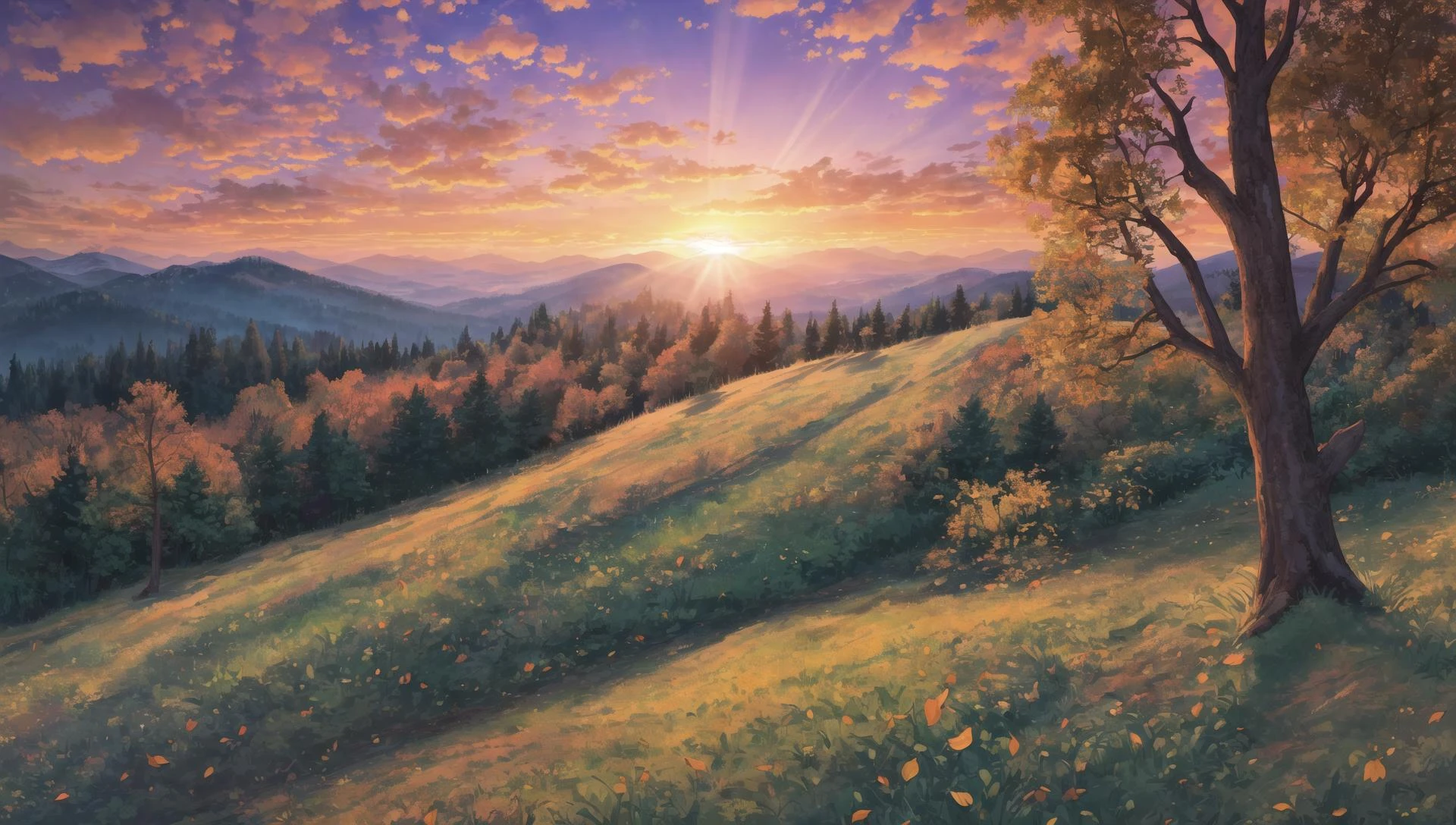 ((masterpiece:1.4,best quality)), cloud, outdoors, forest, (mountains), autumn glade, scenery, sky,
(sunset:1.4), sunbeam, high detail, abundant, 8k, green,tree, high detail, wallpaper,
<lora:forest:1>
