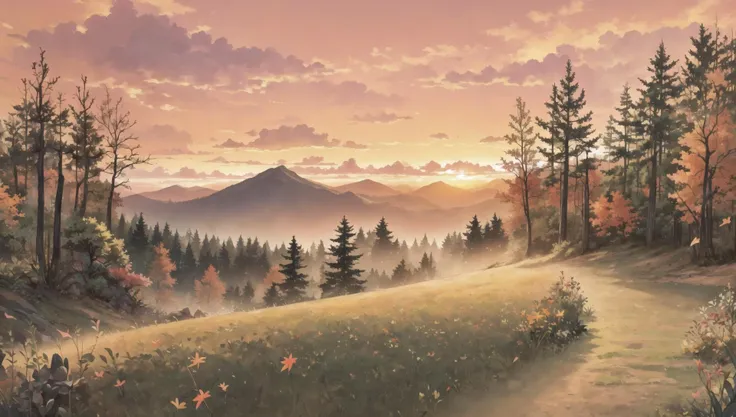 ((masterpiece:1.4,best quality)), cloud, outdoors, forest, (mountains), autumn glade, scenery, sky,
(sunset:1.4), sunbeam, high detail, abundant, 8k, green,tree, high detail, wallpaper,
<lora:PAseer的板绘与留白V1:0.8>