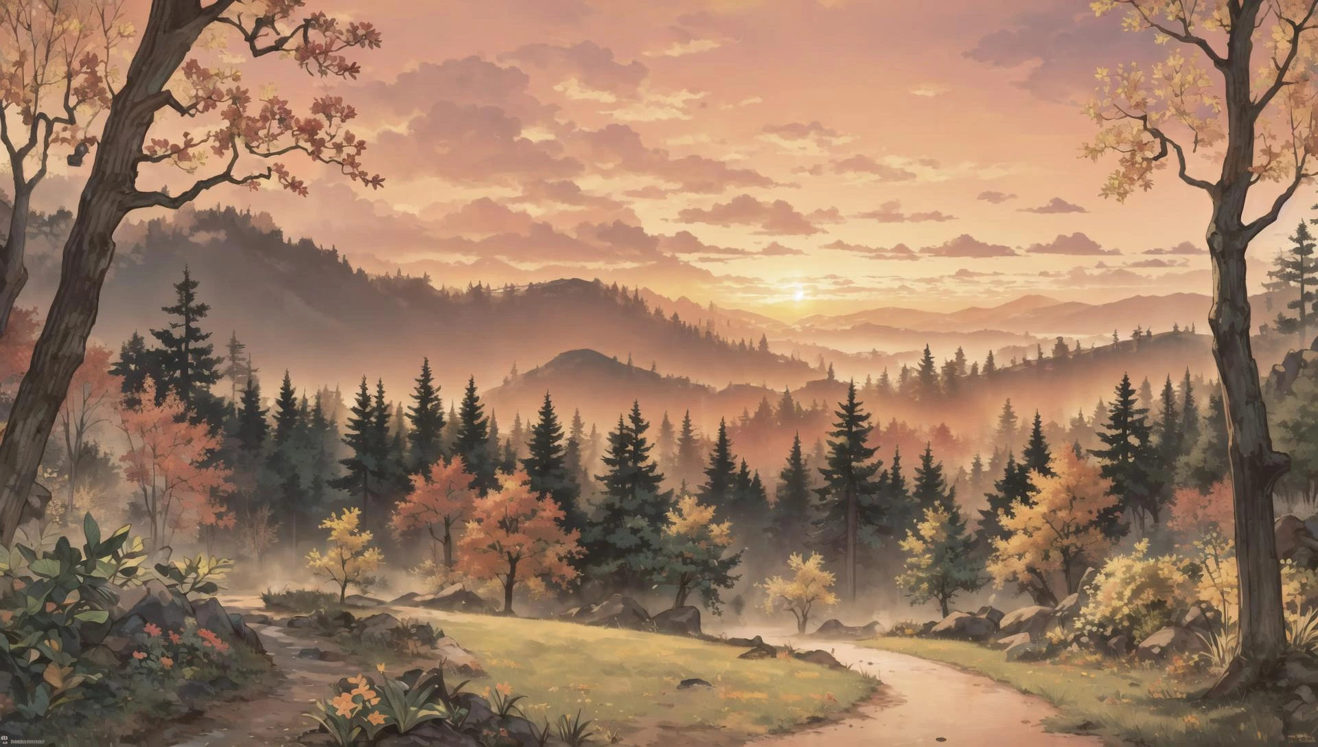 ((masterpiece:1.4,best quality)), cloud, outdoors, forest, (mountains), autumn glade, scenery, sky,
(sunset:1.4), sunbeam, high detail, abundant, 8k, green,tree, high detail, wallpaper,
<lora:PAseer的板绘与留白V1:0.8>