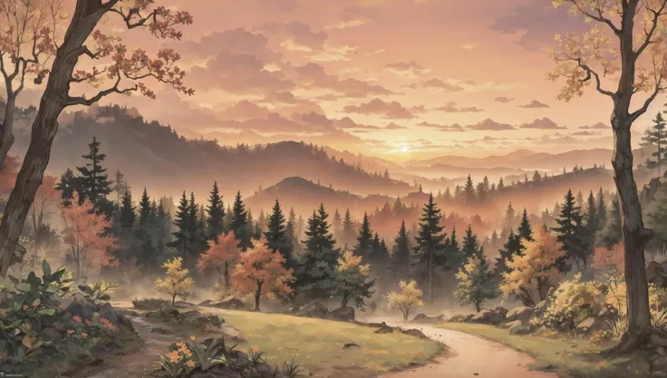 ((masterpiece:1.4,best quality)),  cloud,   outdoors, forest, (mountains), autumn glade, scenery,  sky,
(sunset:1.4), sunbeam, high detail, abundant, 8k, green,tree, high detail,   wallpaper,
 <lora:PAseer的板绘与留白V1:0.8>