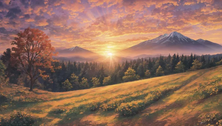 ((masterpiece:1.4,best quality)),  cloud,   outdoors, forest, (mountains), autumn glade, scenery,  sky,
(sunset:1.4), sunbeam, high detail, abundant, 8k, green,tree, high detail,   wallpaper,
 <lora:forest:1>