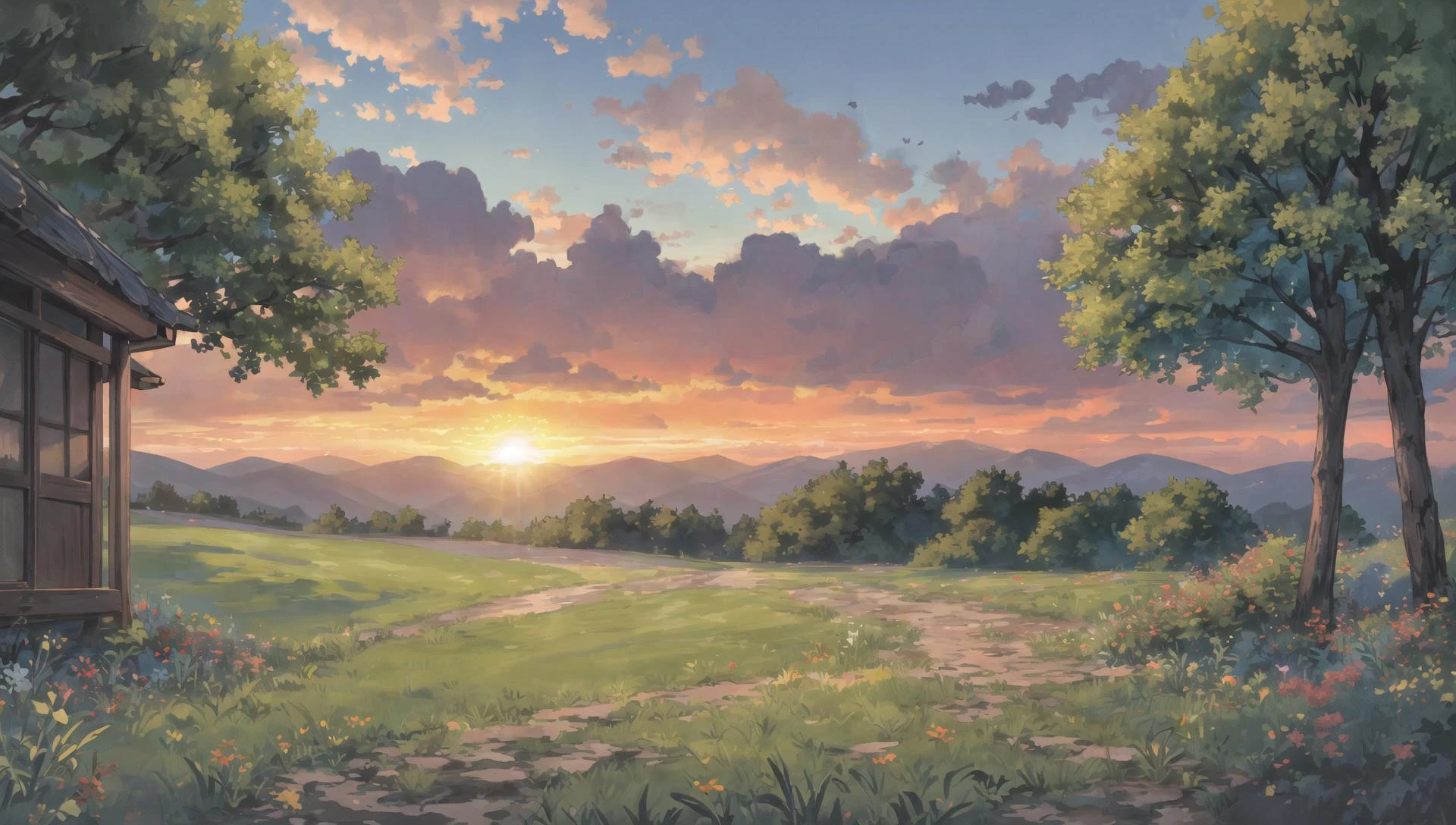 ((masterpiece:1.4,best quality)), cloud, outdoors, forest, spring glade, scenery, sky,
(sunrise:1.4), sunbeam, high detail, abundant, 8k, green,tree, high detail, wallpaper,
<lora:howlbgsv3:0.8>