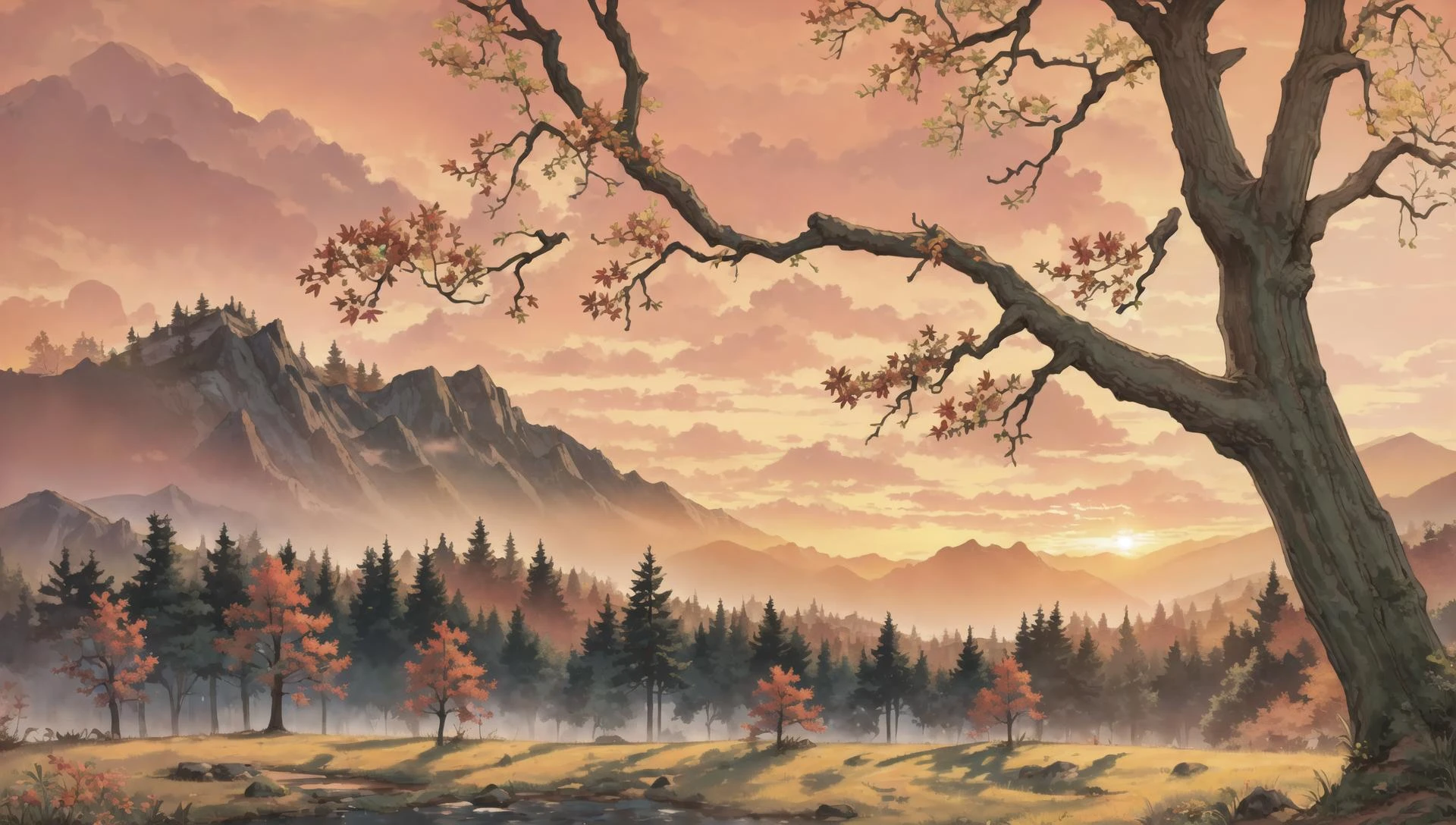 ((masterpiece:1.4,best quality)), cloud, outdoors, forest, (mountains), autumn glade, scenery, sky,
(sunset:1.4), sunbeam, high detail, abundant, 8k, green,tree, high detail, wallpaper,
<lora:PAseer的板绘与留白V1:0.8>