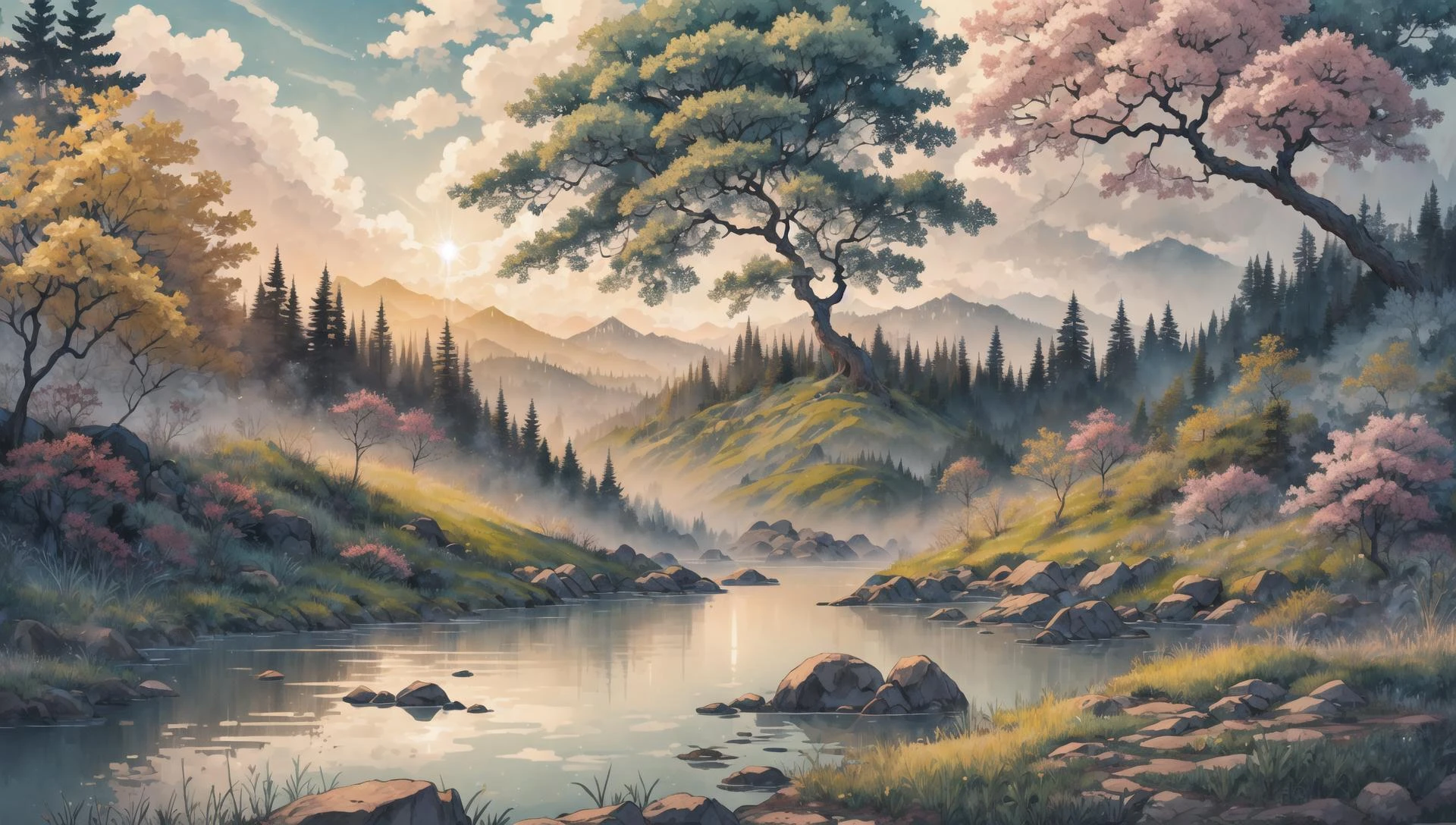 ((masterpiece:1.4,best quality)), cloud, outdoors, forest, spring glade, scenery, sky,
sunbeam, high detail, abundant, 8k, green,tree, high detail, wallpaper,
<lora:ink-0.1-3-b28-bf16-D128-A1-1-ep64-768-DAdaptation-cosine:0.8>, water, ink
