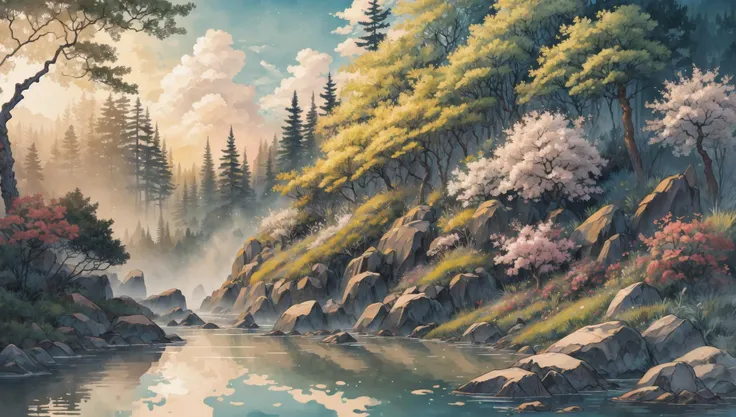 ((masterpiece:1.4,best quality)), cloud, outdoors, forest, spring glade, scenery, sky,
sunbeam, high detail, abundant, 8k, green,tree, high detail, wallpaper,
<lora:ink-0.1-3-b28-bf16-D128-A1-1-ep64-768-DAdaptation-cosine:0.8>, water, ink