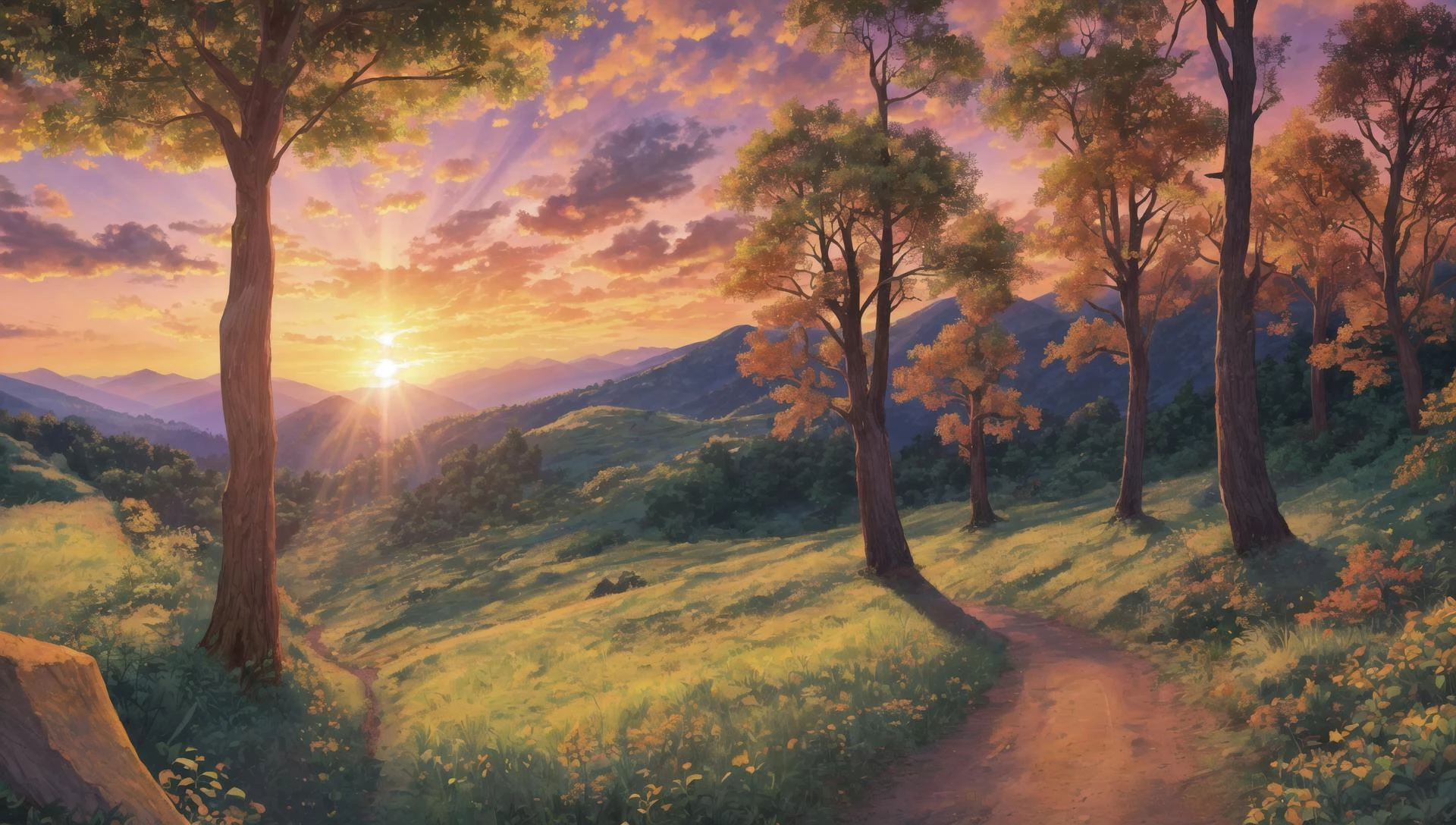 ((masterpiece:1.4,best quality)), cloud, outdoors, forest, (mountains), autumn glade, scenery, sky,
(sunset:1.4), sunbeam, high detail, abundant, 8k, green,tree, high detail, wallpaper,
<lora:forest:1>