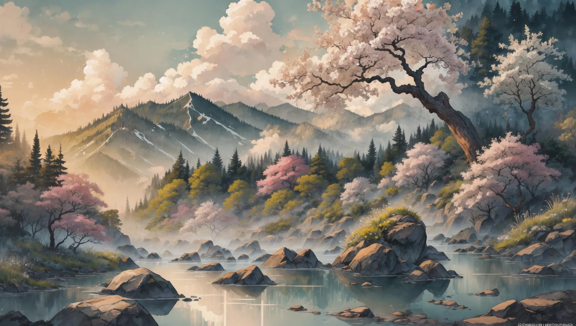((masterpiece:1.4,best quality)), cloud, outdoors, forest, spring glade, scenery, sky,
sunbeam, high detail, abundant, 8k, green,tree, high detail, wallpaper,
<lora:ink-0.1-3-b28-bf16-D128-A1-1-ep64-768-DAdaptation-cosine:0.8>, water, ink