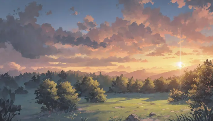 ((masterpiece:1.4,best quality)), cloud, outdoors, forest, spring glade, scenery, sky,
(sunrise:1.4), sunbeam, high detail, abundant, 8k, green,tree, high detail, wallpaper,
<lora:howlbgsv3:0.8>