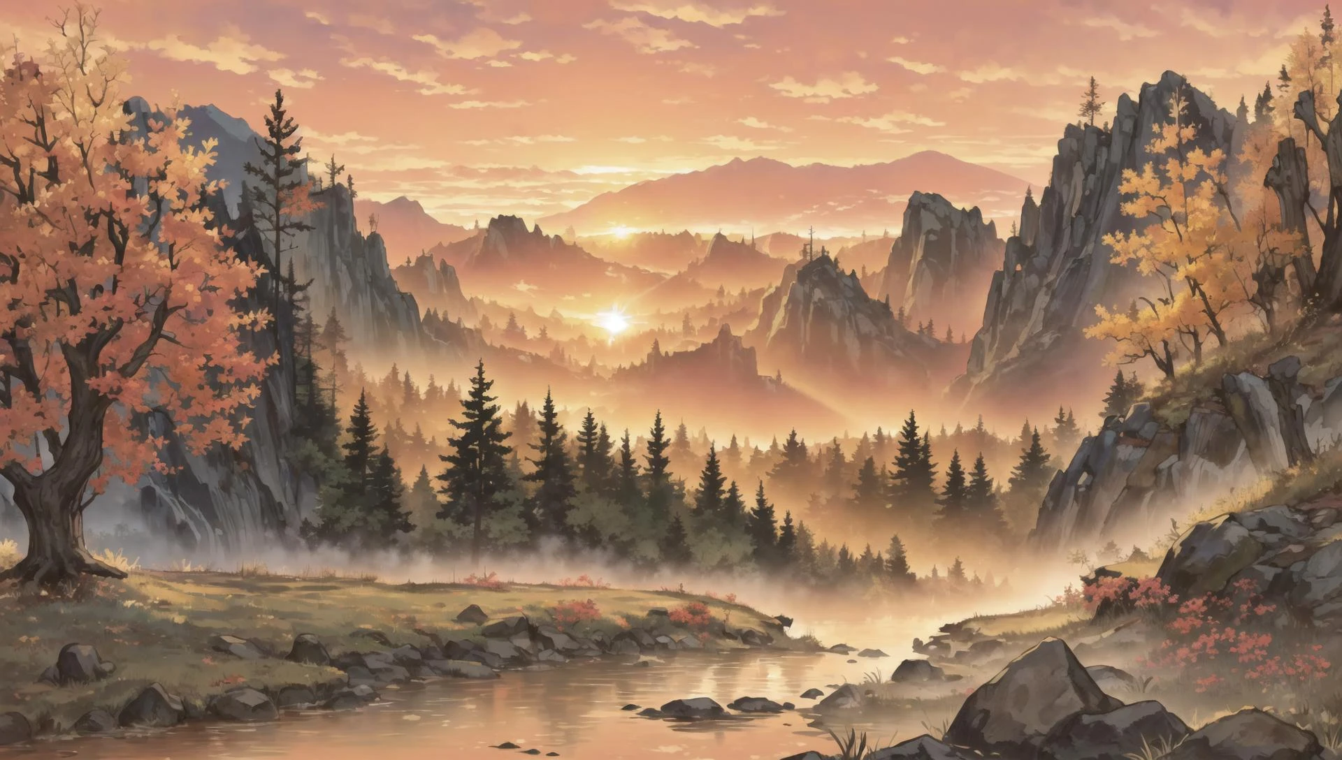((masterpiece:1.4,best quality)), cloud, outdoors, forest, (mountains), autumn glade, scenery, sky,
(sunset:1.4), sunbeam, high detail, abundant, 8k, green,tree, high detail, wallpaper,
<lora:PAseer的板绘与留白V1:0.8>
