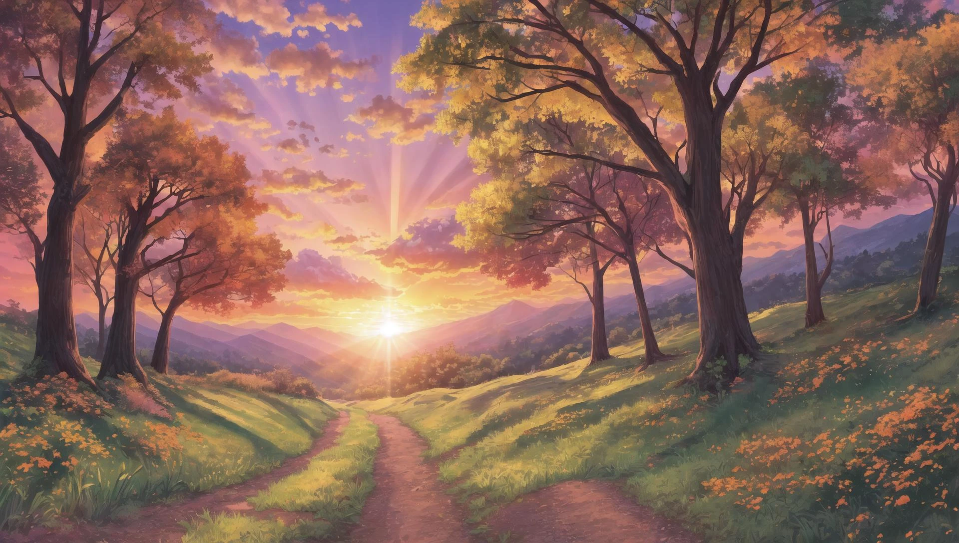 ((masterpiece:1.4,best quality)), cloud, outdoors, forest, (mountains), autumn glade, scenery, sky,
(sunset:1.4), sunbeam, high detail, abundant, 8k, green,tree, high detail, wallpaper,
<lora:forest:1>