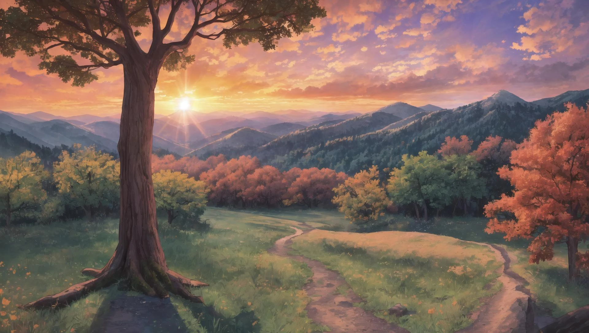 ((masterpiece:1.4,best quality)), cloud, outdoors, forest, (mountains), autumn glade, scenery, sky,
(sunset:1.4), sunbeam, high detail, abundant, 8k, green,tree, high detail, wallpaper,
<lora:forest:1>