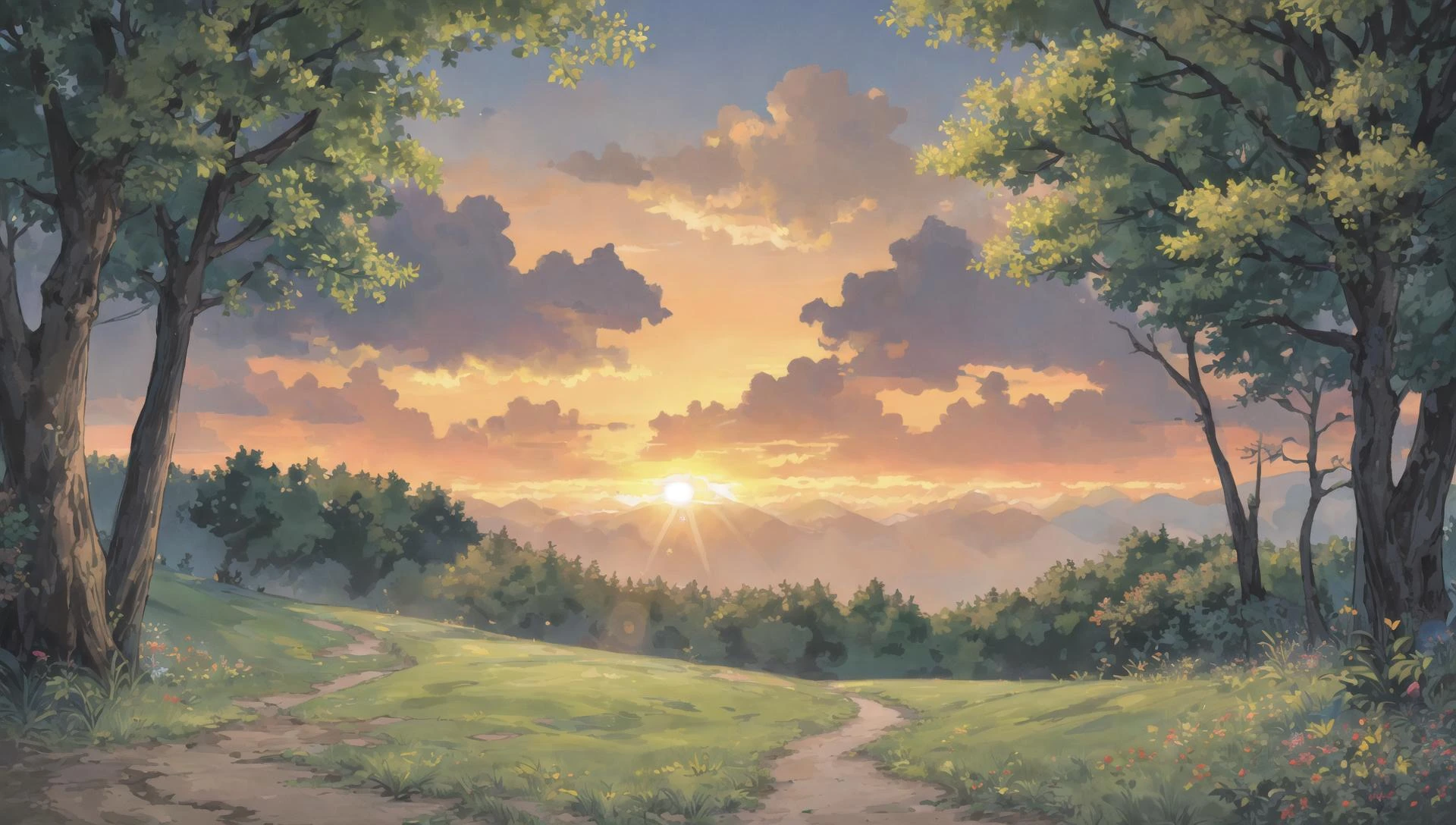 ((masterpiece:1.4,best quality)), cloud, outdoors, forest, spring glade, scenery, sky,
(sunrise:1.4), sunbeam, high detail, abundant, 8k, green,tree, high detail, wallpaper,
<lora:howlbgsv3:0.8>