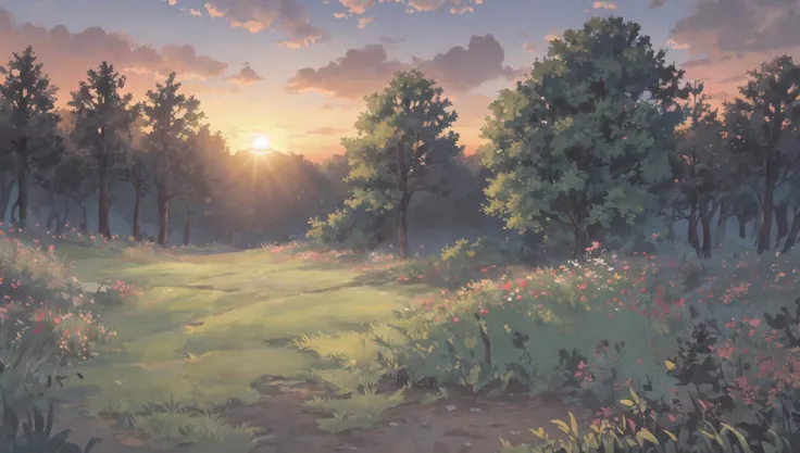 ((masterpiece:1.4,best quality)),  cloud,   outdoors, forest, spring glade, scenery,  sky,
(sunrise:1.4), sunbeam, high detail, abundant, 8k, green,tree, high detail,   wallpaper,
 <lora:howlbgsv3:0.8>