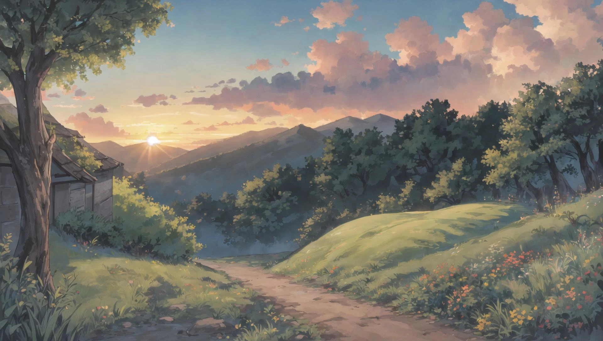((masterpiece:1.4,best quality)), cloud, outdoors, forest, spring glade, scenery, sky,
(sunrise:1.4), sunbeam, high detail, abundant, 8k, green,tree, high detail, wallpaper,
<lora:howlbgsv3:0.8>