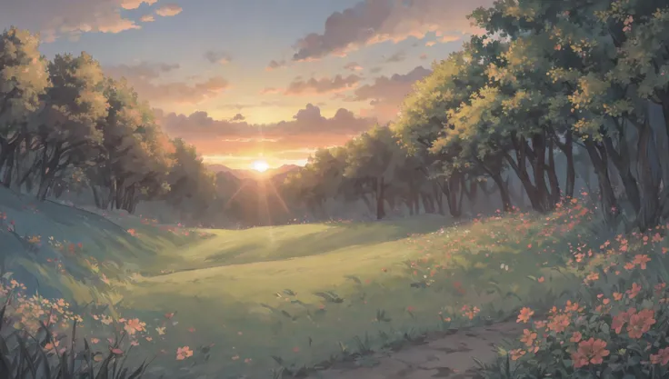 ((masterpiece:1.4,best quality)),  cloud,   outdoors, forest, spring glade, scenery,  sky,
(sunrise:1.4), sunbeam, high detail, abundant, 8k, green,tree, high detail,   wallpaper,
 <lora:howlbgsv3:0.8>