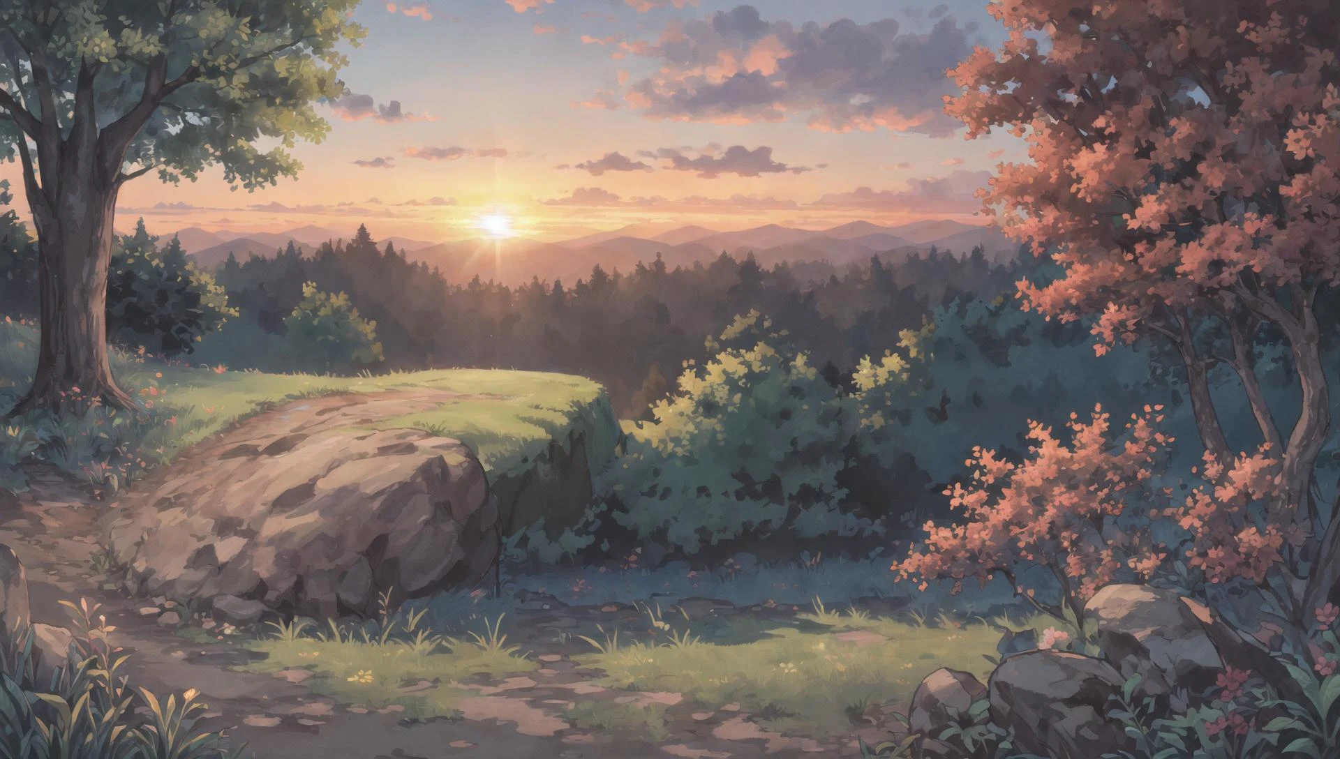 ((masterpiece:1.4,best quality)), cloud, outdoors, forest, spring glade, scenery, sky,
(sunrise:1.4), sunbeam, high detail, abundant, 8k, green,tree, high detail, wallpaper,
<lora:howlbgsv3:0.8>