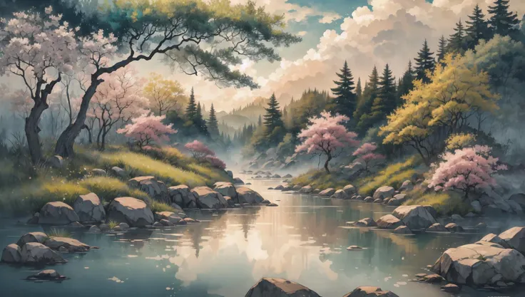 ((masterpiece:1.4,best quality)), cloud, outdoors, forest, spring glade, scenery, sky,
sunbeam, high detail, abundant, 8k, green,tree, high detail, wallpaper,
<lora:ink-0.1-3-b28-bf16-D128-A1-1-ep64-768-DAdaptation-cosine:0.8>, water, ink