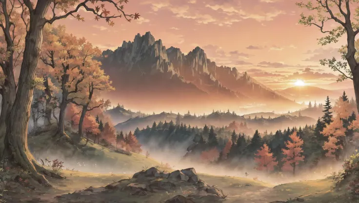 ((masterpiece:1.4,best quality)), cloud, outdoors, forest, (mountains), autumn glade, scenery, sky,
(sunset:1.4), sunbeam, high detail, abundant, 8k, green,tree, high detail, wallpaper,
<lora:PAseer的板绘与留白V1:0.8>