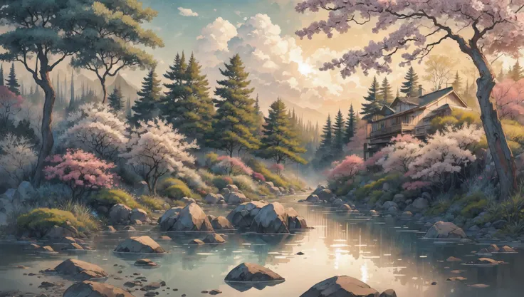 ((masterpiece:1.4,best quality)),  cloud,   outdoors, forest, spring glade, scenery,  sky,
 sunbeam, high detail, abundant, 8k, green,tree, high detail,   wallpaper,
 <lora:ink-0.1-3-b28-bf16-D128-A1-1-ep64-768-DAdaptation-cosine:0.8>, water, ink