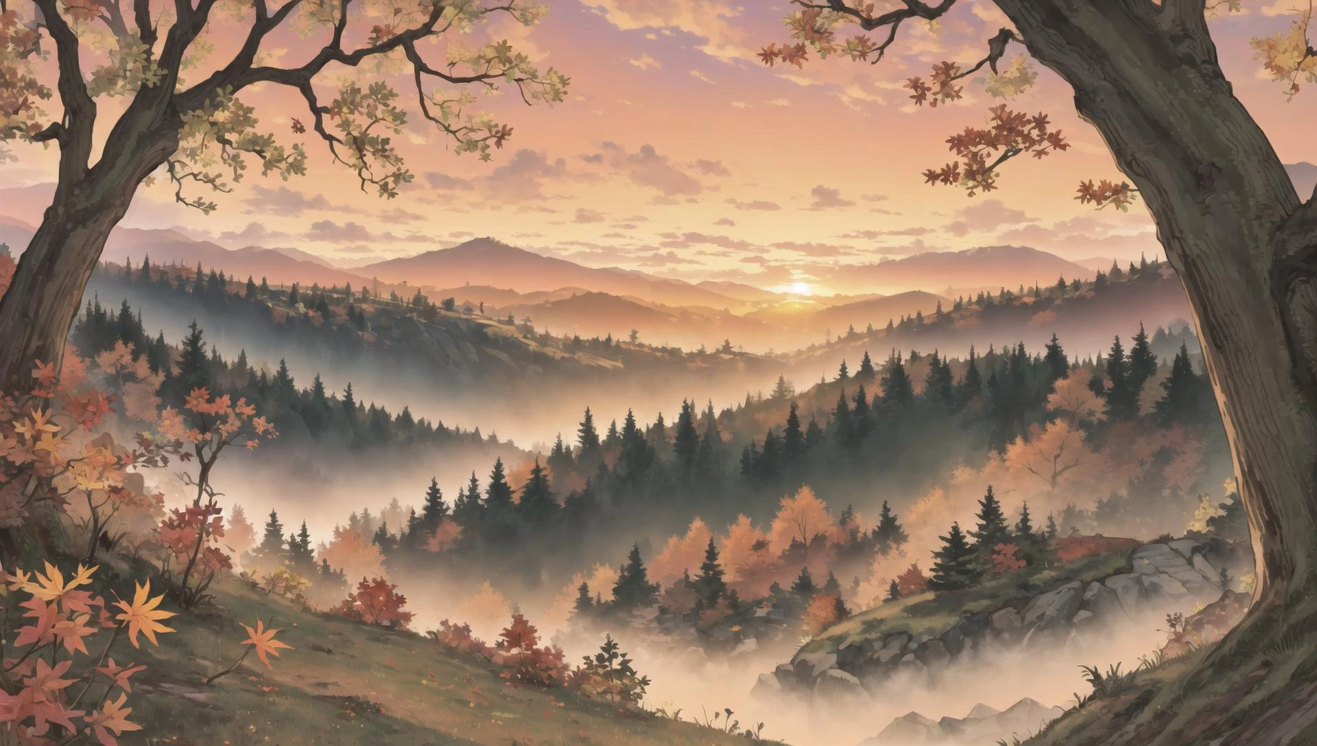 ((masterpiece:1.4,best quality)), cloud, outdoors, forest, (mountains), autumn glade, scenery, sky,
(sunset:1.4), sunbeam, high detail, abundant, 8k, green,tree, high detail, wallpaper,
<lora:PAseer的板绘与留白V1:0.8>