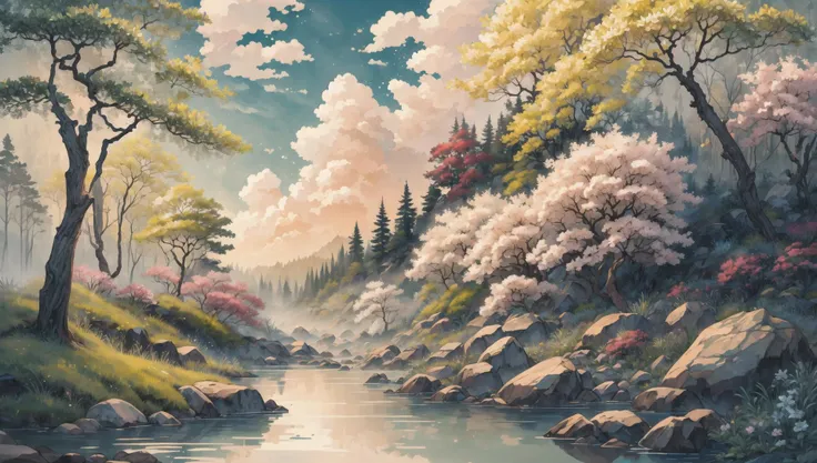 ((masterpiece:1.4,best quality)),  cloud,   outdoors, forest, spring glade, scenery,  sky,
 sunbeam, high detail, abundant, 8k, green,tree, high detail,   wallpaper,
 <lora:ink-0.1-3-b28-bf16-D128-A1-1-ep64-768-DAdaptation-cosine:0.8>, water, ink