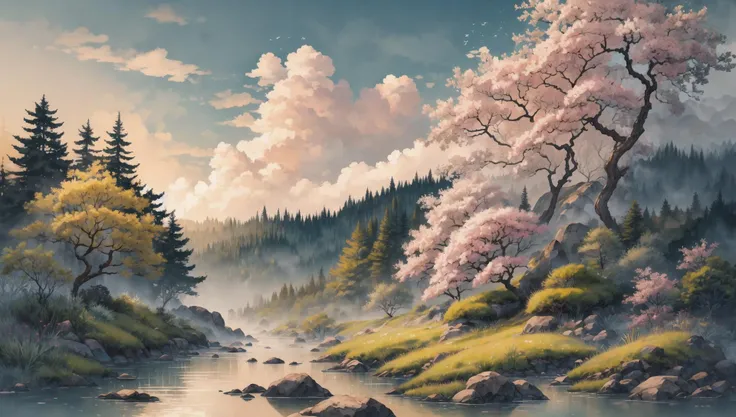 ((masterpiece:1.4,best quality)), cloud, outdoors, forest, spring glade, scenery, sky,
sunbeam, high detail, abundant, 8k, green,tree, high detail, wallpaper,
<lora:ink-0.1-3-b28-bf16-D128-A1-1-ep64-768-DAdaptation-cosine:0.8>, water, ink